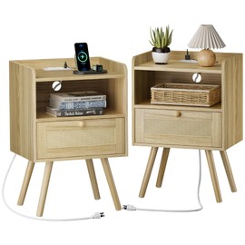 SUPERJARE Nightstands Set of 2, Night Stands with Charging Station & PE Rattan Decor Drawer, Bed Side Tables with Solid Wood Feet, End Table, for Bedroom, Living Room - Natural