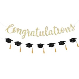 Pre-strung Congrats Grad Banner - No DIY - Gold Glitter Graduation Party Banner