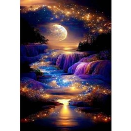 Waterfall Landscape Diamond Painting Kits For Adults,DIY Moonlight Diamond Art Kits For Adults Beginners,5D Full Drill Diamond Dots With Diamond Gem Art And Crafts For Home Wall Decor 12x16inch