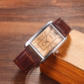 Avaner Mens Square Watch Vintage Roman Numeral Analog Quartz Wristwatch Leather Strap Causal Classic Retro Watch Unique Leather Cuff Watches with Auto Calendar Window (z-Brown)