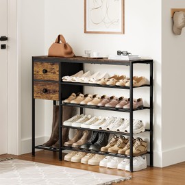 UNITSTAGE 5-Tier Shoe Rack with 2 Fabric Drawers, Metal Frame and Wooden Board Shoe Organizer for 16-20 Pairs of Shoes, Shoe Shelf with Boots Storage for Entryway Closet Rustic Brown