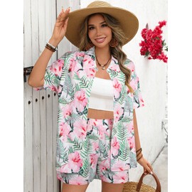 VILOVE Hawaiian Outfits for Women 2 Piece Beach Sets Tropical Floral Print Matching Hawaiian Set Casual Summer Beachwear