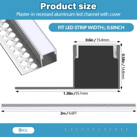 Glooglitter 8 Pcs 6.6ft/ 2 Meter Plaster in LED Channel Trimless Single Sided LED Diffuser Channel Recessed Drywall Aluminium LED Profile for Wall Drywall Ceiling (Shape 1)
