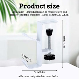YUANQIAN Clamp-On Under Desk Headphone Holder Backpack Hook Students' Desk Hook with Adjustable Arm Clamp Women's Bag Handbag and Purse Holder -Suitable for Plate Between 1-5cm (2Pack White, 2)