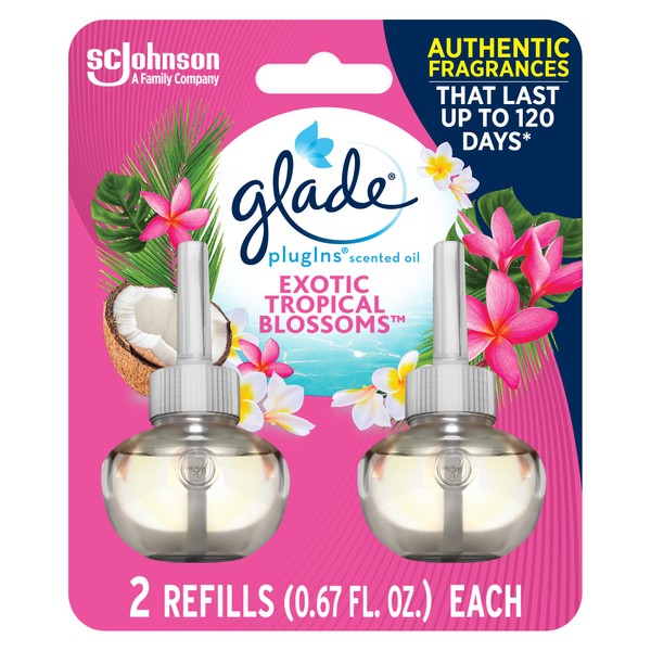 Glade PlugIns Refills Air Freshener, Scented and Essential Oils for Home and Bathroom, Exotic Tropical Blossoms, 1.34 Fl Oz, 2 Count