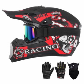 SPARK DOT Youth Motocross Helmet Kids Dirt Bike Helmets - Full Face, Lightweight & Breathable for Off-Road E-Bike BMX MX ATV (with Gloves Goggles Mask) 4Pcs Set, Large (59-60cm), Joker Black