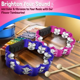 Flexzion Flower Tambourine - 8 Inch Handheld Percussion Instrument w/Metal Jingles & Ergonomic Grip - Small Tambourines for Adults, Kids, Church, Parties, & Musical Events (2 Pack - Blue & Pink)