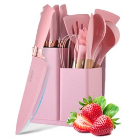 Cooking Utensils Set, Caliamary 19 PCS Silicone Kitchen Utensils Set with Holder and Kitchen Knife Set for Cooking, Non-stick Heat Resistan Kitchen Tools and Gadgets with Wooden Handle (Pink-19)