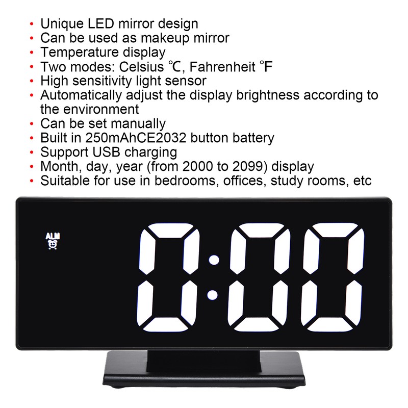 Digital Alarm Clock LED Mirror Screen USB Charging Automatic Dimming