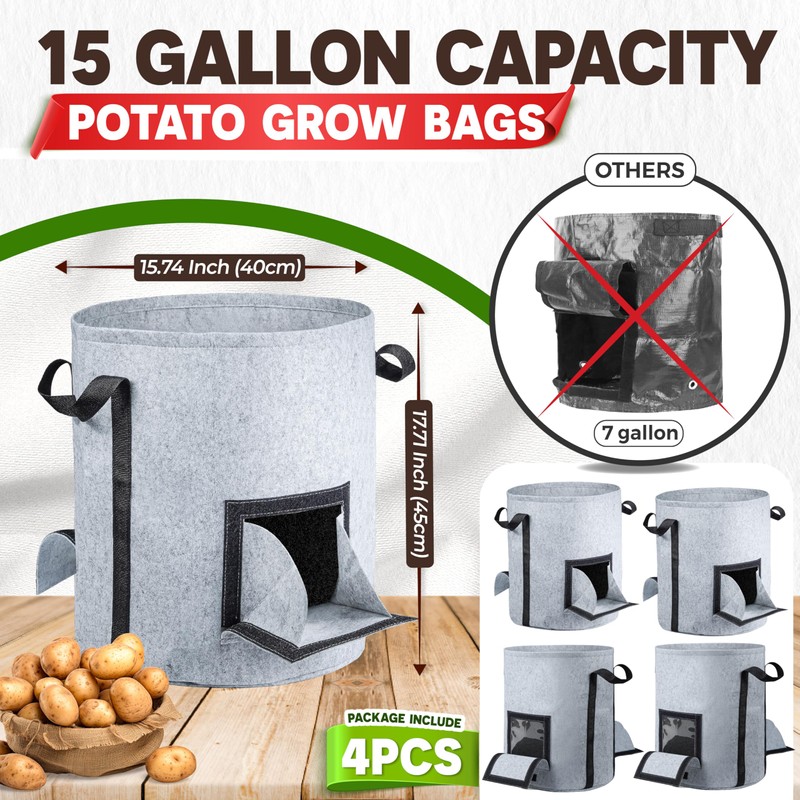 [Upgraded] 4Pcs 15-Gallon Potato Grow Bags with Unique Harvest Window,
