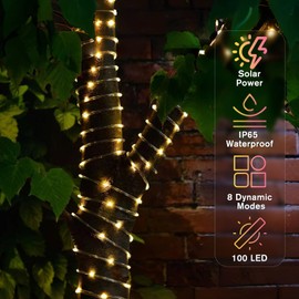 ANJAYLIA 33FT 100 LED Solar Rope Lights Outdoor Waterproof, Solar Powered Rope String Lights with 8 Modes for Outdoor, Patio, Garden, Camping, Holiday & Christmas Décor Warm White