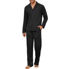 Andeip Pajamas for Men Soft Waffle Knit Loungewear Set Long Sleeve and Pants Sleepwear for Men Lightweight Matching Loungwear Black M