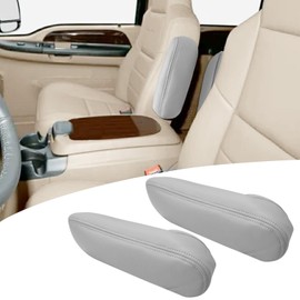 VKGUG 2PCS Car Front Seat Armrest Cover Compatible with Ford F150 F250 F350 Lariat 1999-2007 F250 F350 F450 XLT Sport 2002-2006 Excursion Limited XLT 2000-2005 Leather Gray (Only Leather Part)