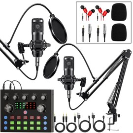 Brvomussy Podcast Equipment Bundle for 2, Audio Interface with Voice Changer Condenser Microphones for Gamer, All-in-One Audio Mixer Perfect for Live Streaming, Singing, YouTube, Gaming