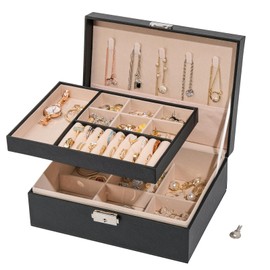 WAREHOUSE Jewellery Box, Jewellery Storage, 2-Layer Removable Jewellery Box, for Storing Jewellery, Rings, Earrings, Bracelets, Waterproof Leather Jewellery Box (Black)