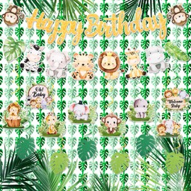 Tingjoo 18 Pcs Jungle Safari Birthday Party Decorations Include Animals Happy Birthday Banners Jungle Leaf Foil Curtain Wild One Hanging Swirls Ceiling Streamers Safari Baby Shower Supplies