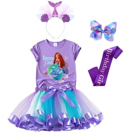 Mermaid Birthday Outfit Set – Shirt, Rainbow Tutu Dress, Satin Sash, Headband – Birthday Gifts for Girls Costume (Mermaid 10, 3T)
