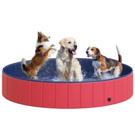 PawHut Foldable Pet Swimming Pool, Portable Dog Bathing Tub, 12" x 63" Plastic Large Dog Pool for Outdoor Dogs and Cats, Red