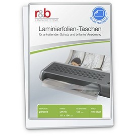 R & B Ft A4-A6 125S Laminating Pouch A6 11.1 x 15.4 cm, 2 x 125 Micron Self Backed, Pack of 100
