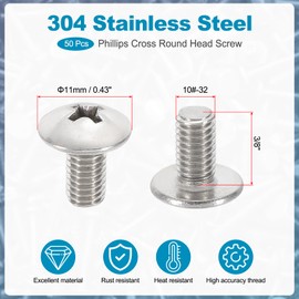PATIKIL 10#-32x3/8" Phillips Truss Head Bolts Schrauben, 50 Stück UNC 304 Edelstahl Bolzen Grobgewinde Vollgewinde Befestigungselemente Maschinenschrauben für Deckenventilatorblatt
