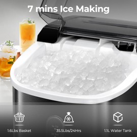 Nugget Ice Makers Countertop with Soft Chewable Pellet Ice, Stainless Steel Black, 7Mins Ice Making, 35.5Lbs/24Hrs, Pebble Ice Maker with Self-Cleaning/Basket/Scoop for Home/Office/Bar