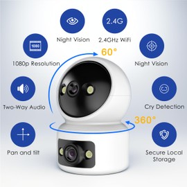 ECO-TH Dual Lens Indoor Pan/Tilt Home Smart Security Camera, 1080p HD Dome Camera with Speaker,2.4GHz Night Vision,Motion Detection Indoor Security Camera for Baby Monitor, Cloud & SD Card Storage.