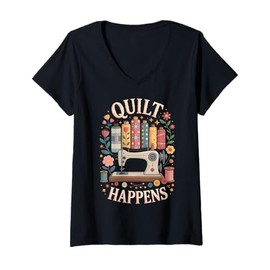 Womens Quilt Happens Quilter Funny Quilting V-Neck T-Shirt