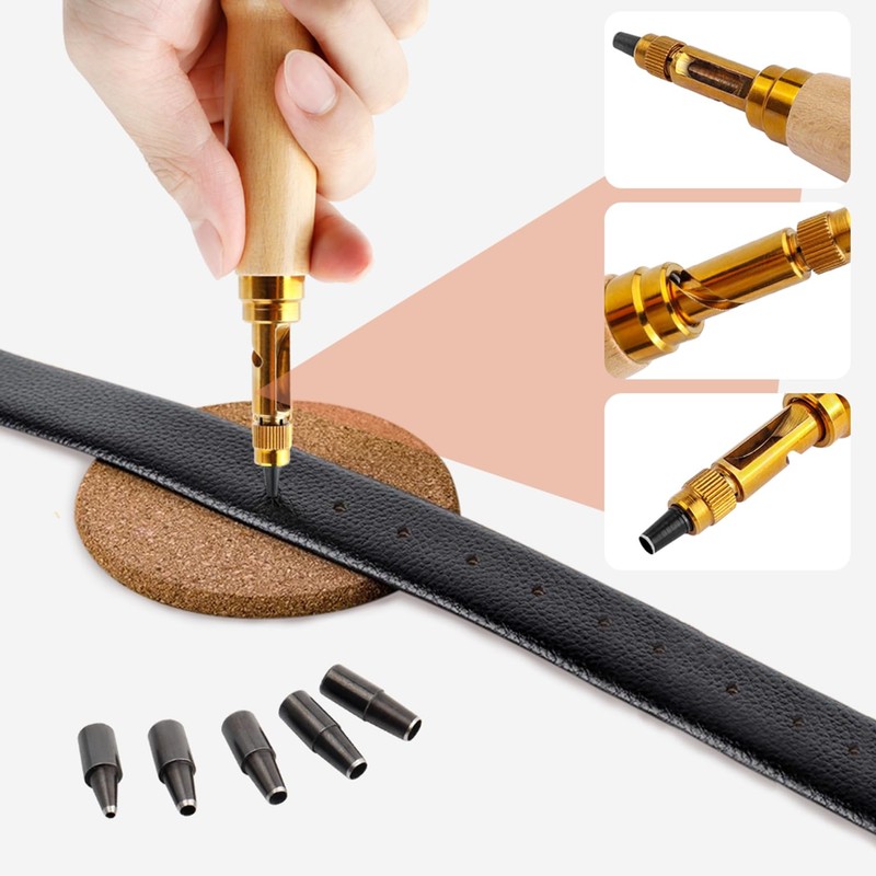 Bestgle Adjustable Leather Hole Punch Tool, Automatic Wood Handle Screw