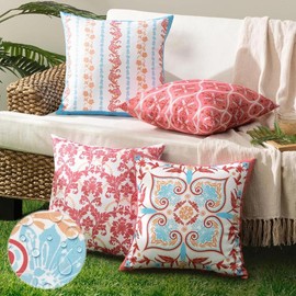 Phantoscope Pack of 4 Outdoor Pillows Waterproof Boho Geometric Outdoor Throw Pillow Covers, Decorative Floral Patio Pillows Square Cushion - Color: Blue/Cyan/Green, Size: 18" x 18" (Pack of 4)