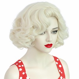 ANOGOL Hair Cap+ White Curly Wig Women Short Blonde Wig Cosplay Big Wavy 80s Flip Wigs Blonde Wavy Bob Wigs White Synthetic Hair Halloween Party Costumes Classic Outfit