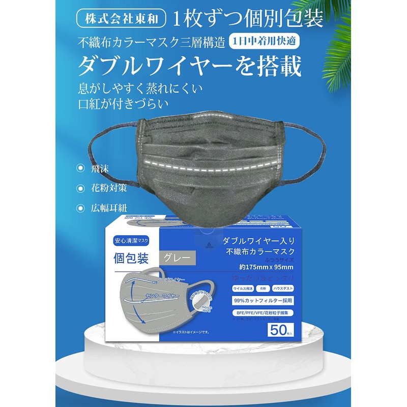 [TOWABOX] マスク カラー 不織布 使い捨てマスク 不織布マスク ダブルワイヤーマスク 男女兼用マスク 大人マス PL保険加入済み