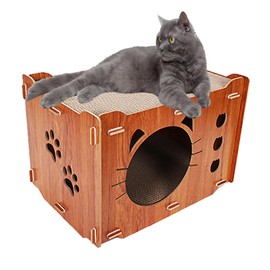 Wooden Cardboard Cat House with 2 PCS Cat Scratch Pads, Cute Cat Box Cat Scratch House Cat Scratchers Lounge Bed for Indoor，House for Cats