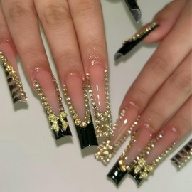 Rchovsam xl French Tip Press on Nails Long Square Nails Press on French Black Diamond Designs False Nails Full Cover Acrylic Artificial Fake Nails Kit for Women 24pcs