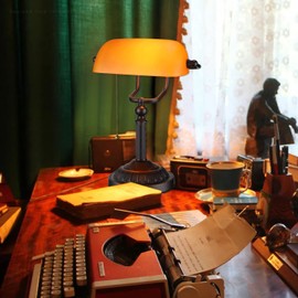 TORCHSTAR Bankers Desk Lamp with Pull Chain Switch, Amber Glass Shade Desk Lamps, Bronze Base, UL Listed, E26 Base, Vintage Library Lamp for Office, Study Room(Matted Orange)