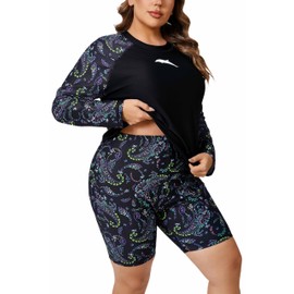 Halcurt Women Built in Bra Long Sleeve Swim Suit Two Piece Rash Guard 2 Black 1X