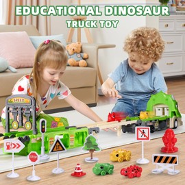 RISUNTOY Green Dinosaur Toy Car-Foldable 117cm Track with Launcher, Lights&Sounds, Safe ABS Plastic, Dual-Layer Storage,Includes 6 Mini Cars&12 Road Signs-Ideal Racing Playset for Kids Ages 3+