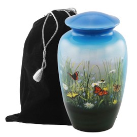Eternitymart's Aesthetic Painted Cremation Urn - Affordable Metal Urn - Hand Painted Solid Metal Urn for Ashes, Adult Cremation Urn with Free Velvet Bag (Butterfly)