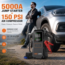Portable Car Jump Starter with Air Compressor – 5000A Battery Booster & 150 PSI Tire Inflator for Roadside Emergencies