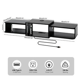 Qupui 47.2'' Wall-Mounted Floating TV Stand with LED Lighting, Modern Wooden Media Console Shelf Featuring Built-in USB Ports and Electrical Outlets. Under-TV Storage for Living Room, Bedroom