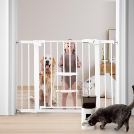FURTIME 29"-41" Baby Gate with Cat Door Adjustable, Auto Close Dog Gate for Stairs,Doorways and House, Metal Pet Door Pressure Mounted,Easy Install, Effortless Walk Thru, White