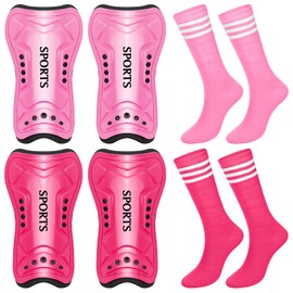 2 Pairs of Kids Shin Guards with Girls Soccer Socks Protective Soccer Shin Guards Soccer Gear for 3-6, 6-10, 10-15 Years Old Girls Boys Children Teens Games Protection Equipment(Pink, Rose Red,M)