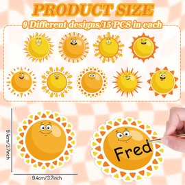 JarThenaAMCS 135Pcs Sun Stickers for Kids Cartoon Sun Shape Name Tag Nameplate Stickers Funny Classroom Bulletin Board Label Decals for Back to School Desk Wall Message Baby Shower Party, 9 Designs