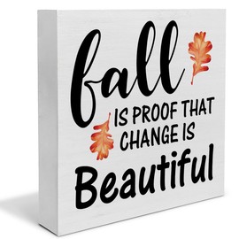 Fall Desk Decor, Rustic Fall Office Signs, Fall is Proof That Change is Beautiful Wooden Square Sign for Home Shelf Decoration 5 x 5 Inches