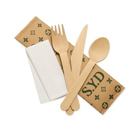 100 PIECE (25 Pack) S.Y.D Disposable Wooden Cutlery Set – Fork, Knife & Spoon with Napkin – Individually Wrapped, Biodegradable, Compostable & Plastic-Free – Ideal for Parties & Catering