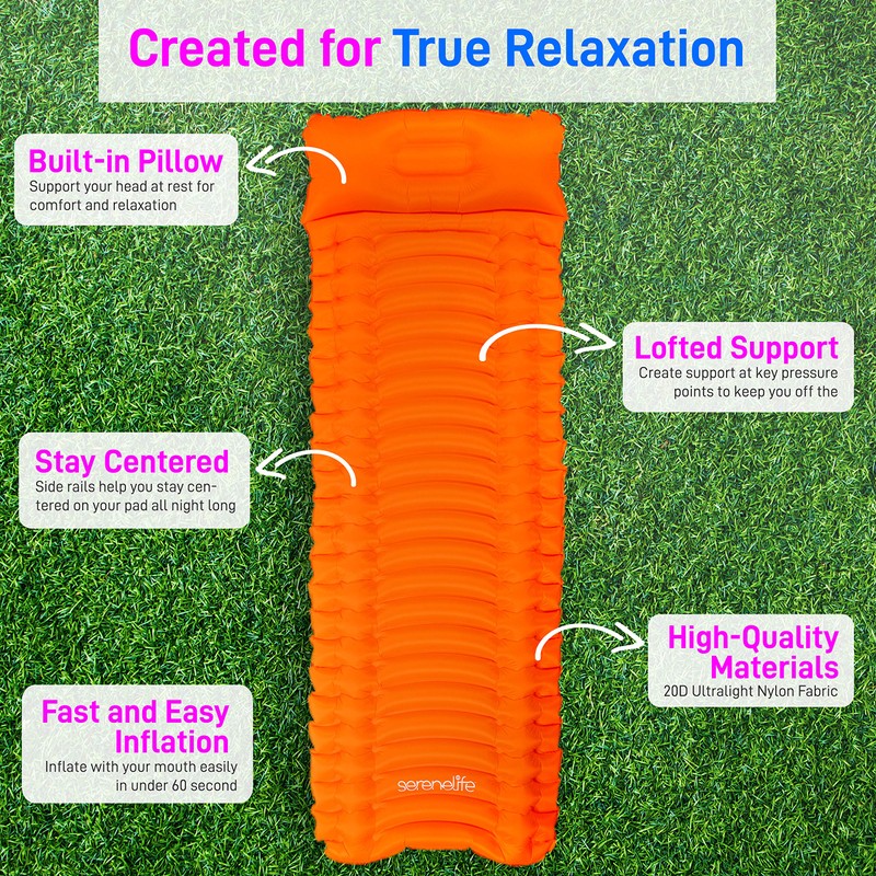 SereneLife - Colchón de Aire para mochilero, autoinflable, Impermeable, Ligera,