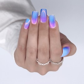 Ombre Press On Nails Square - Miloilo Soft Gel Press On Nails Medium, Chrome Glazed Fake Nail with Glue, Reusable Stick On Nails in 12 Sizes - 24 Soft Gel Nail Kit, Neon Moon