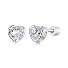 Rockyu Women's 925 Sterling Silver Heart Motif Cubic Zirconia Stud Earrings, Simple, Everyday Use, Birthday Gift, Sterling Silver, Cubic Zirconia