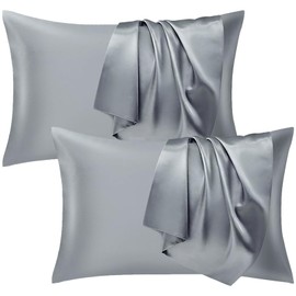 Set of 2 Pillow Covers, Double Sided Silk Texture, Reduces Friction, Gentle on Sensitive Skin, Hair and Odor Resistant, Anti-Mite, WGWJM Artificial Silk, Glossy Pillow, Washable, Four Seasons