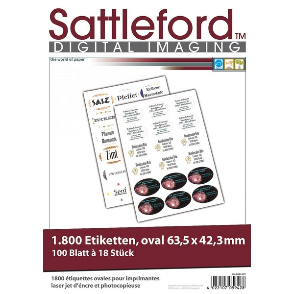 Sattleford Bottle Labels: 1800 Oval Labels 63.5 x 42.3 mm