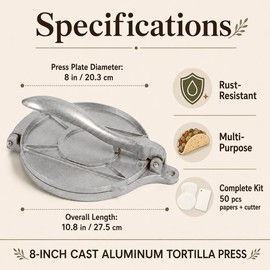 Kundita 8-Inch Cast Aluminum Tortilla Press, Silver Commercial-Grade Tortilla Maker with 50 Pcs Parchment Paper & Dough Scraper – for Tacos, Roti, Quesadilla, Patacones & Burritos